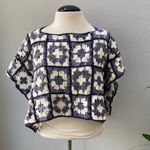 525 America Navy and Cream Crochet Poncho/Cape OS
